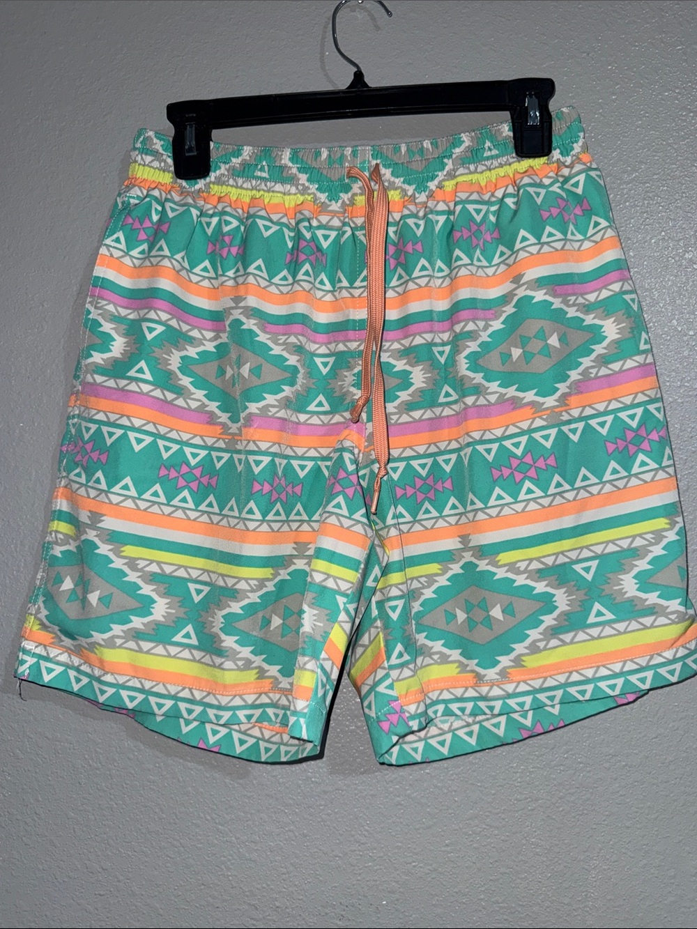 chubbies Teal Aztec Swim Trunks with Multicolor Stripes